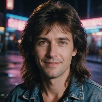 Neon night 80s AI Photo example: the same portrait in the neon night style