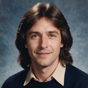 Yearbook portrait 80s AI Photo example: the same portrait in the yearbook portrait style